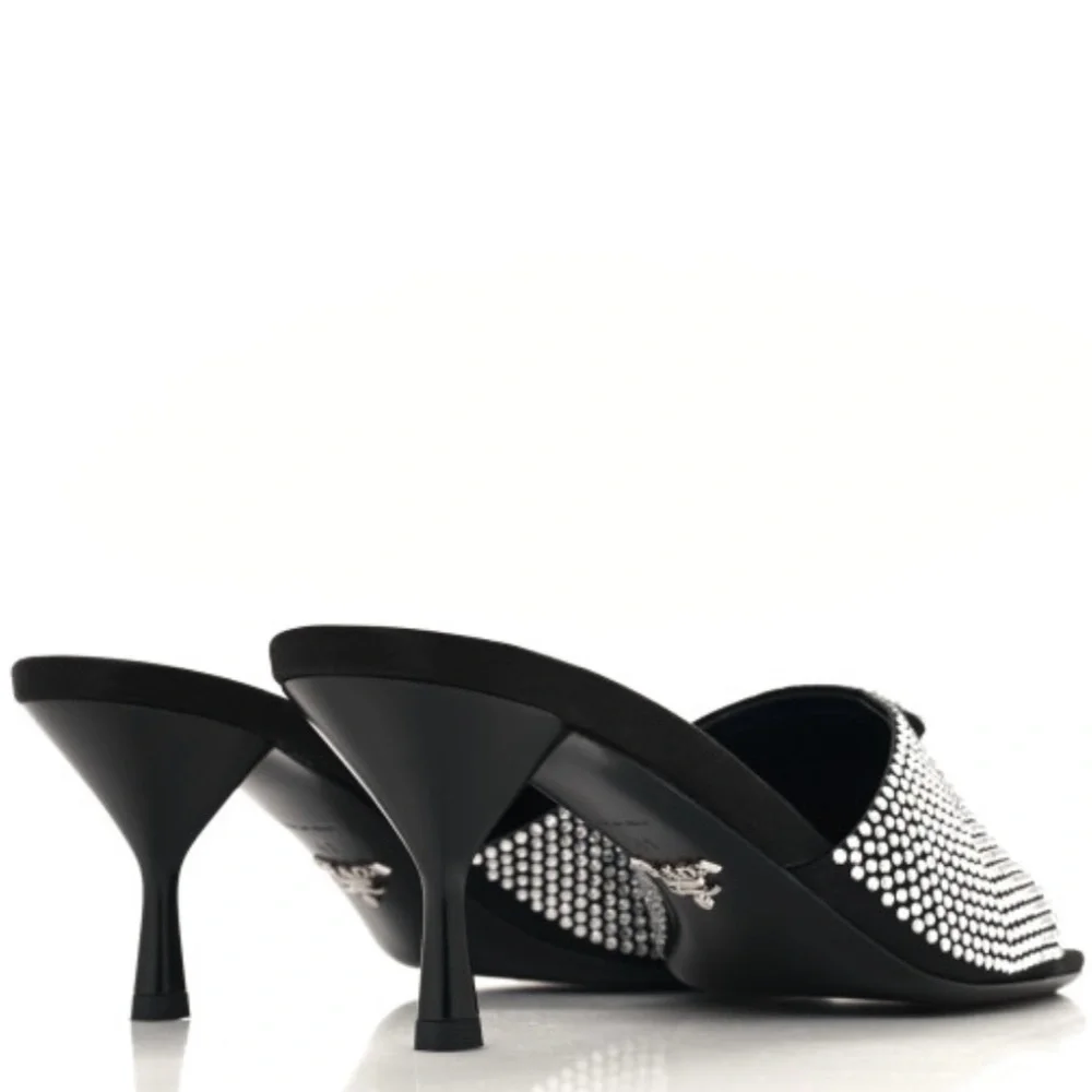 Prada - Satin Crystal Logo 65 mm Slide Sandal- Color: Black- Size: 37.5 - Picture 5 of 11